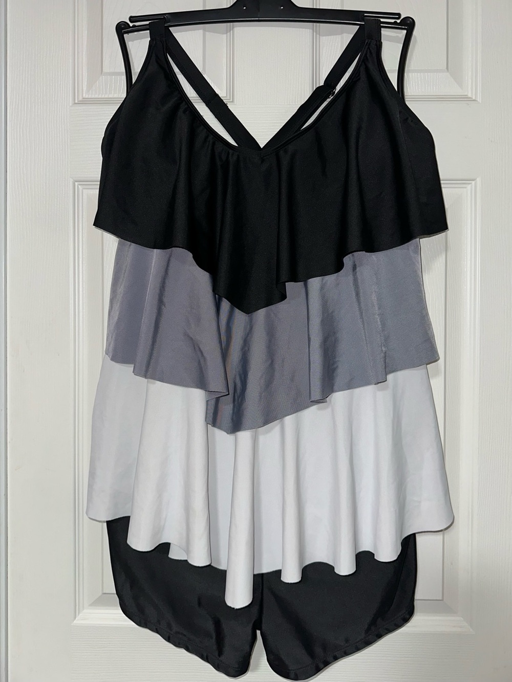 Tiered Layered Two Piece Swimsuit, Tankini Top and Black Swim Shorts